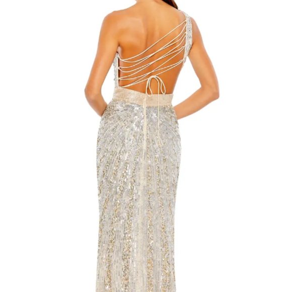 MAC DUGGAL ONE SHOULDER SEQUIN BEADED LACE UP BACK NUDE SILVER GOWN sz 12 - Picture 2 of 7